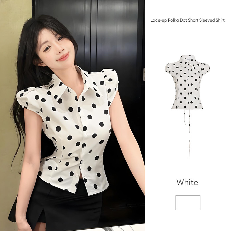 เสื้อสตรี 2025 แฟชั่นใหม่ ลายจุด สลิมฟิต แขนพัฟ ผูกเชือกเอว