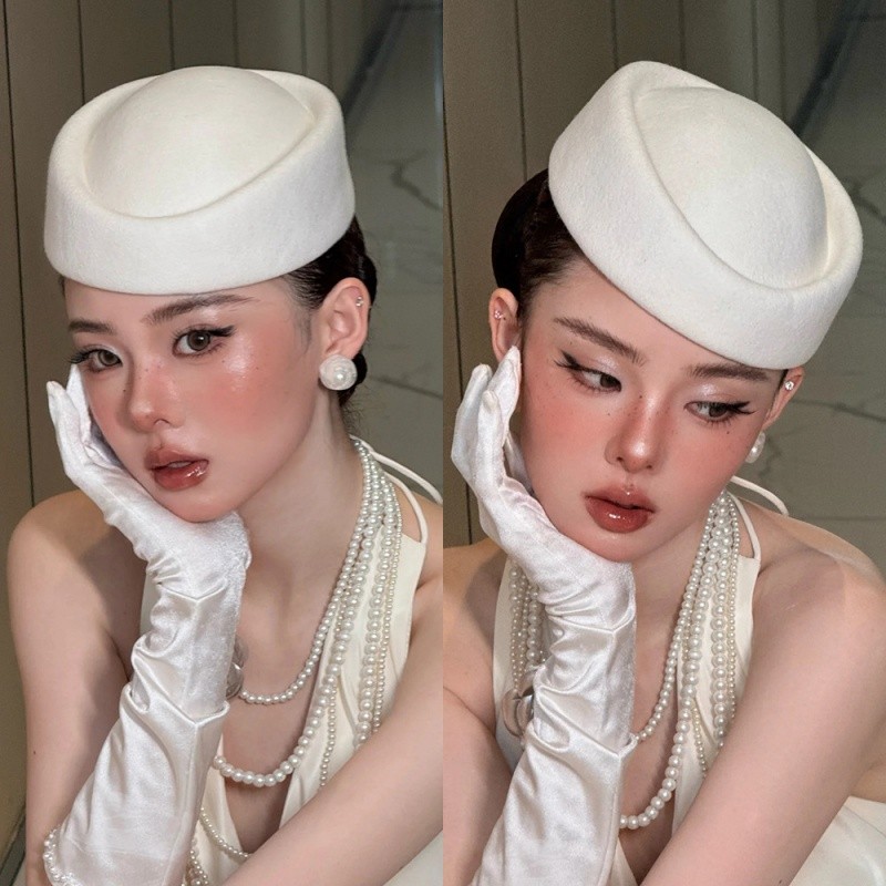 หมวกแฮนด์เมดสไตล์ฝรั่งเศสวินเทจสีขาว เหมาะสำหรับเจ้าสาวในวันพิธีแต่งงานหรือโอกาสสำคัญ