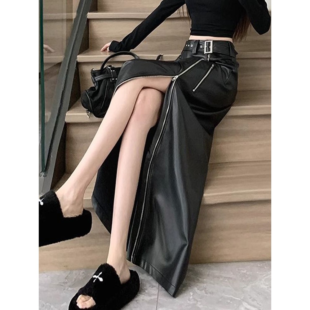 สีดําแยกหนังกระโปรงยาวฤดูใบไม้ร่วงฤดูหนาวพัดลมสาวร้อนทอดถนนออกแบบโลหะซิปกระโปรงหนัง PU zuihu001.vn20