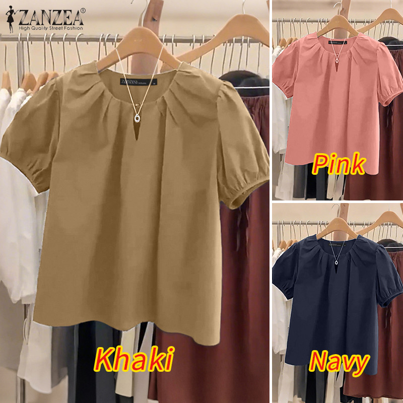 ZANZEA สไตล์เกาหลีสำหรับผู้หญิง คอปอมแขนสั้น เสื้อลายคราม pleated neckline — صورة 3