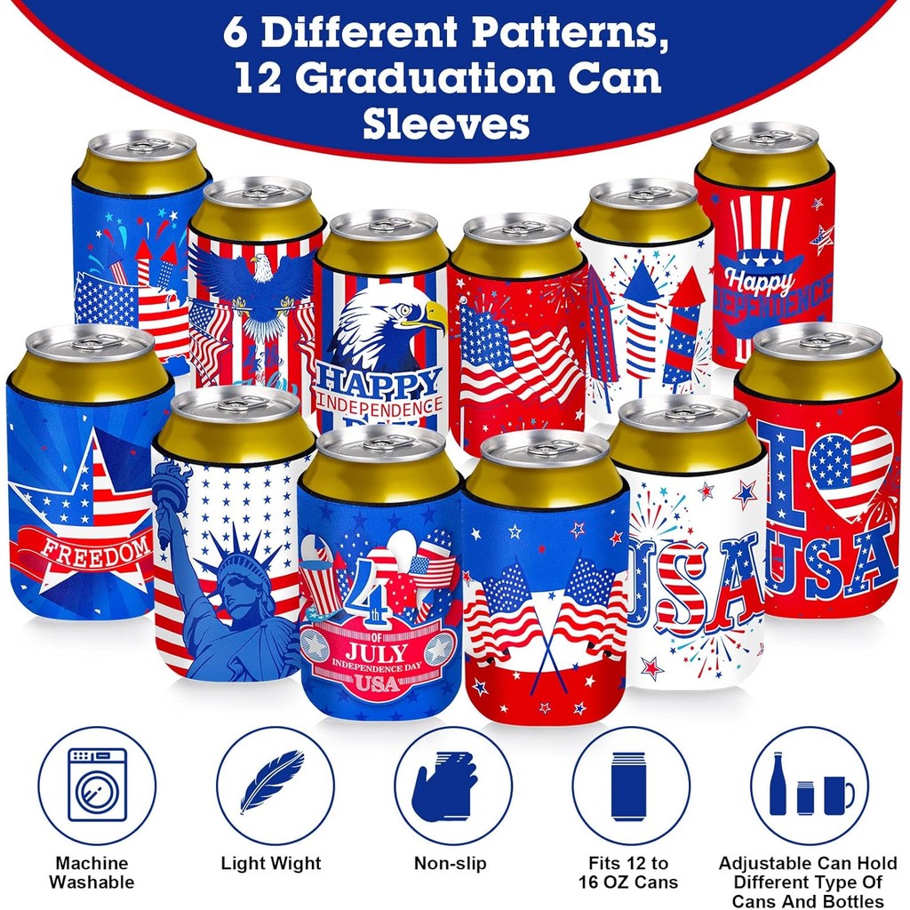 12 ชิ้น 4th of กรกฎาคมสามารถ Cooler แขนวันประกาศอิสรภาพ Neoprene เครื่องดื่ม Cooler แขนรักชาติมาตรฐา