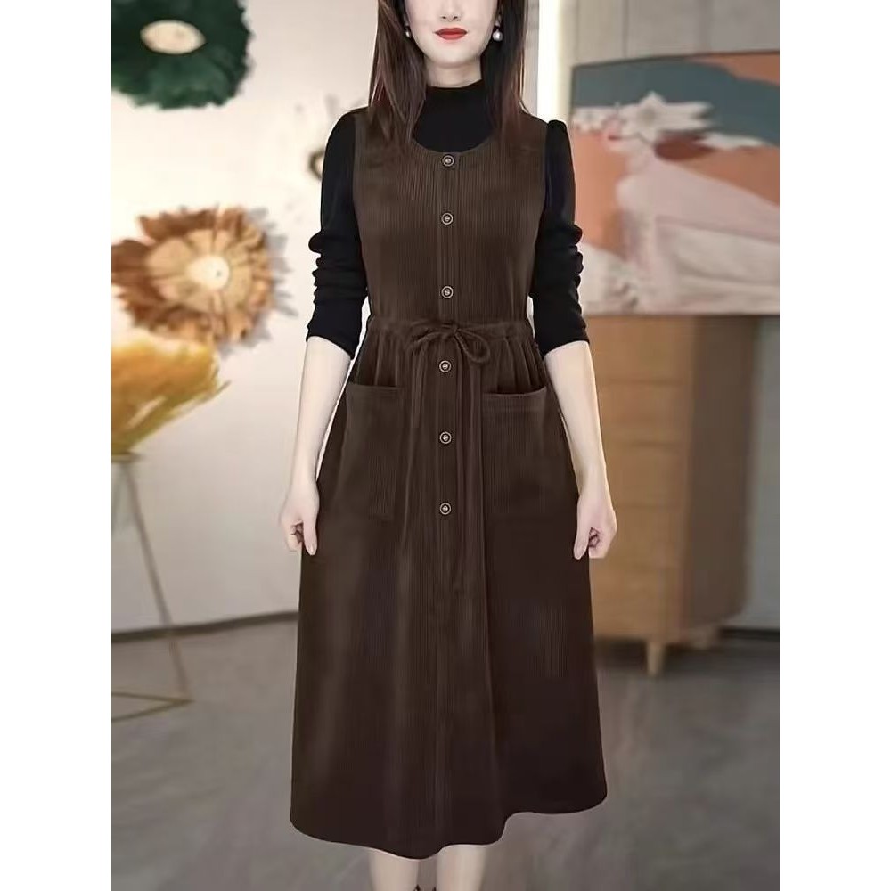 8520#假两件连衣裙女2025秋冬款系带修身显瘦中长款a字裙子(((ถ่ายทอดสด) 9-6j