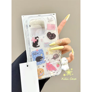 เคสไอโฟน 15เหมาะสำหรับ IPhone 17 15 13 11 16 12 14 Pro Max 16 15 14 7 8 Plus เค้กแมวสุนัข สวัสดีคิตตี้โปลก้าดอตกล่อง IMD