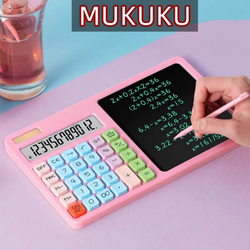 MUKUKU เครื่องคิดเลข คิดเลข 2in1 พร้อมจอเขียนลบ LCD และปากกาสไตลัส แบบแหล่งจ่ายไฟคู่ สำหรับนักเรียน