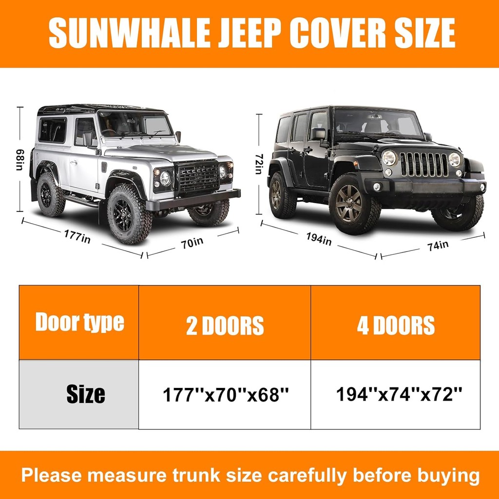 ผ้าคลุมรถสําหรับ Jeep Wrangler 2 ประตูผ้าคลุมรถกันน้ําพร้อมซิปประตูคนขับ-ทุกสภาพอากาศผ้าคลุมรถกลางแจ