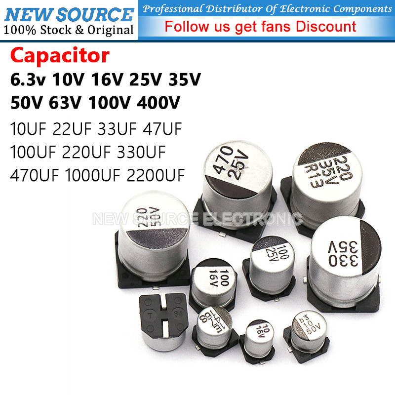 [2 ~ 20 ชิ้น] 6.3v100uf SMD ตัวเก็บประจุอลูมิเนียมอิเล็กโทรลีติค 10V 16V 25V 35V 50V 63V 100V 400V 10UF 22UF 33UF 47UF 100UF 220UF 330UF 470UF 1000UF 2200UF แหล่งใหม่