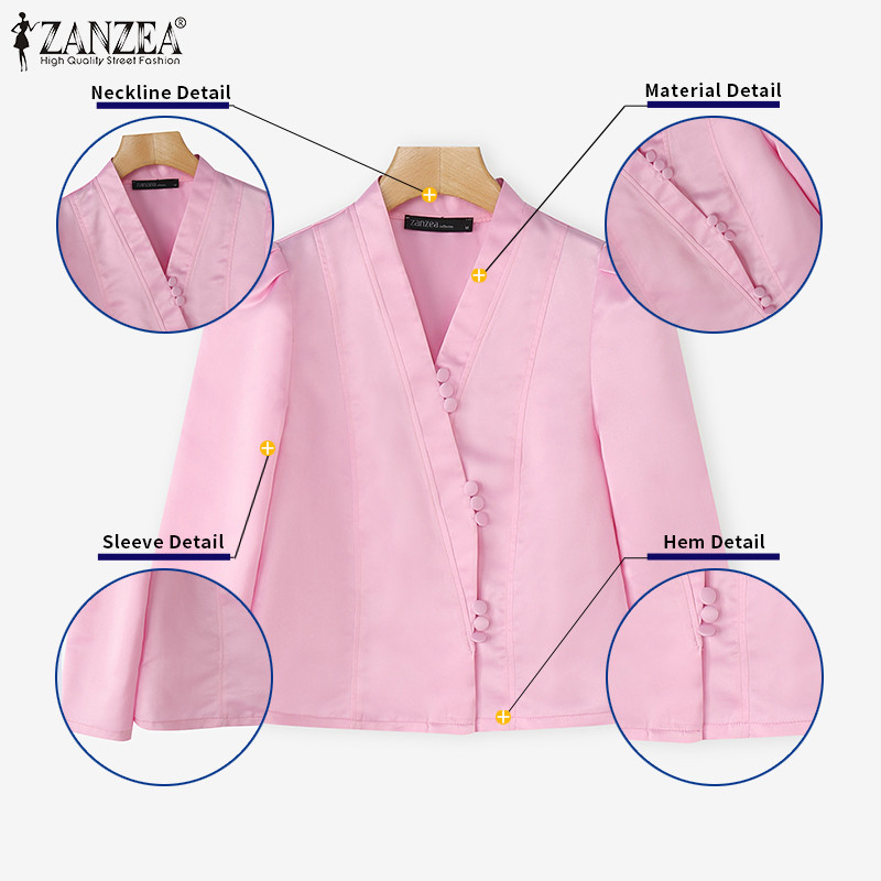 ZANZEA เสื้อซาตินสไตล์เกาหลี noble elegant สำหรับผู้หญิง ดีไซน์วิถีเกาหลี แขน 3/4 กับปุ่ม — صورة 7