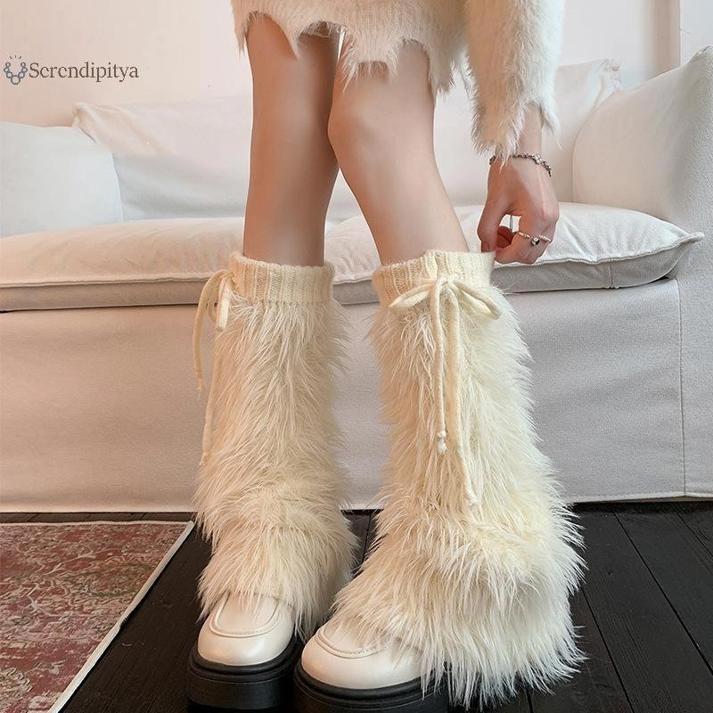 ถุงเท้าบู้ทฟูก สำหรับผู้หญิง ออกแบบมาเพื่อกันหนาว มีโบว์และขนปุย สไตล์ฮาราจูกุ