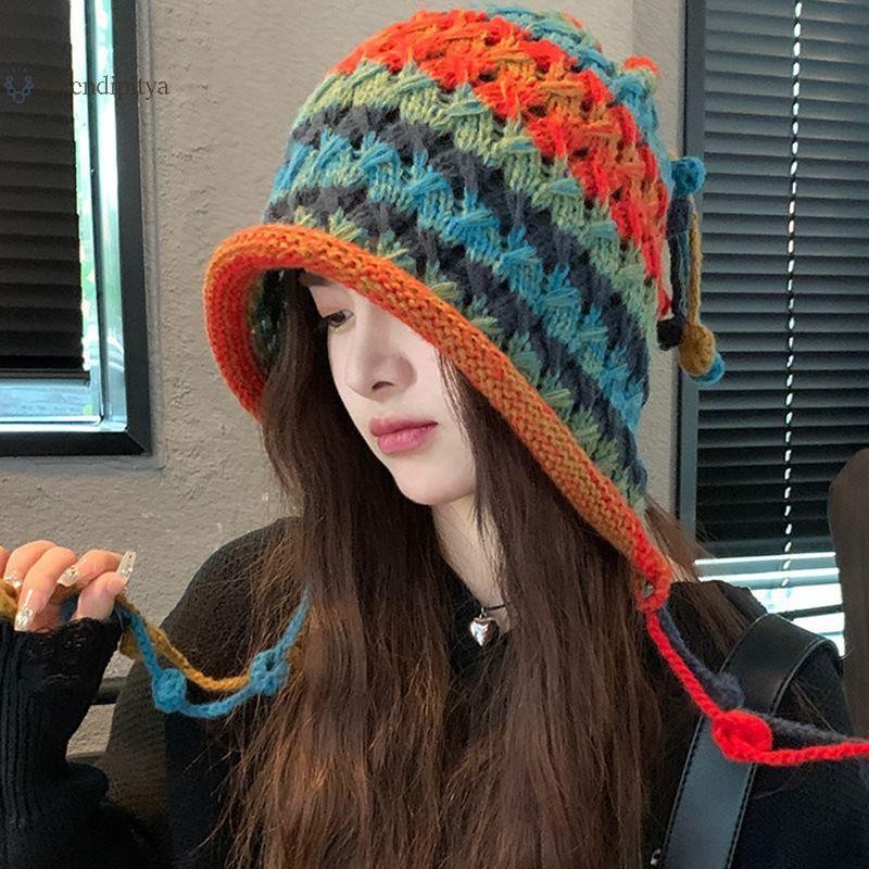 SEE ฤดูหนาวหมวกสีแดงผู้หญิงสาวฤดูใบไม้ร่วงและฤดูหนาว Warm sel หวานและน่ารักหมวกเสื้อสวมหัว Handmade ถักป้องกันหูหมวก TH