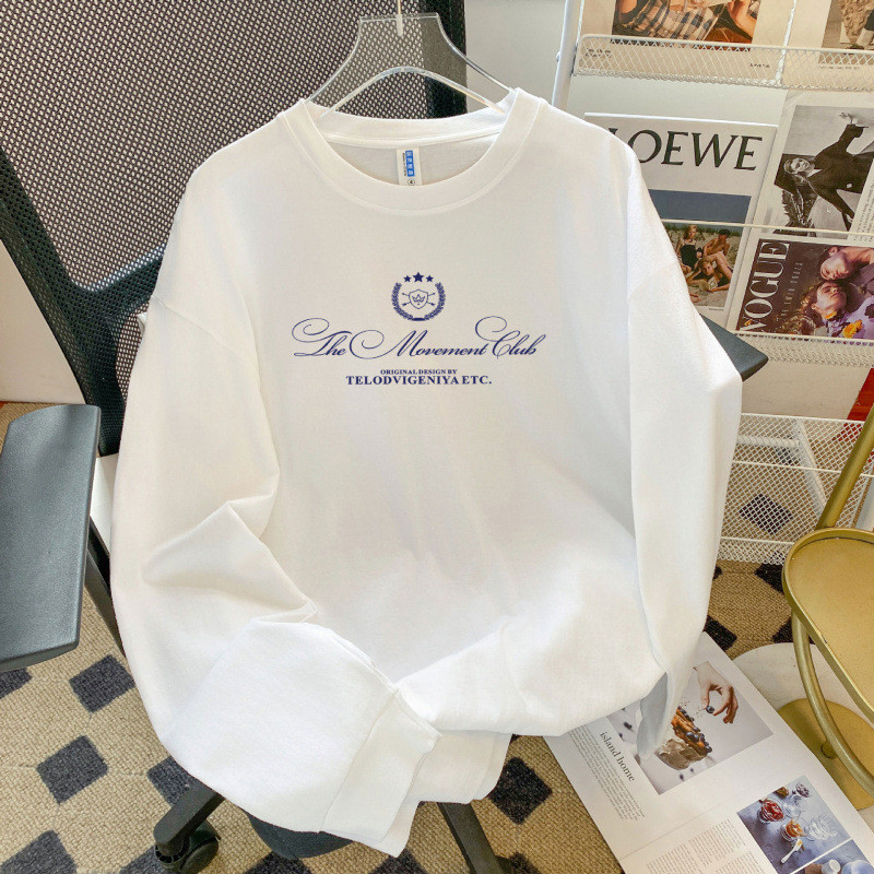 พิมพ์สดสบาย ผอมลง ดูอายุ-ลด สวมใส่ด้านนอก2025 ผ้าฝ้ายแท้หลวมหวาน 100% ใหม่รอบคอแขนยาวไม่ซ้ําสบายๆ 8M