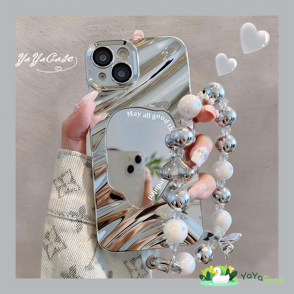 เคสไอโฟน13 คลื่นความหรูหราทำขึ้นกระจกกำไลข้อมือง่าย ๆ For IPhone 11 12 13 14 16 15 Pro Max XSMax XR 14 15 8 16 7 Plus SE