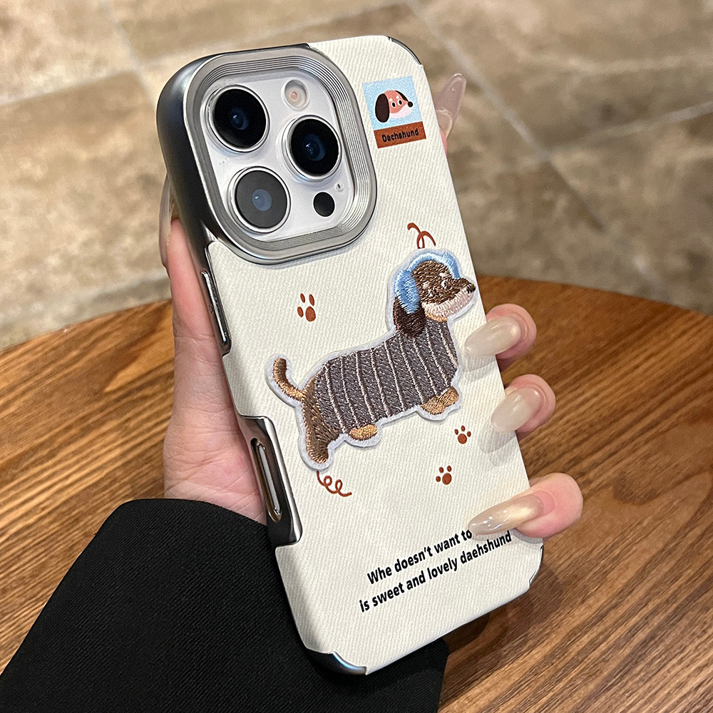 เกาหลีน่ารักการ์ตูนปักลูกสุนัขชุบเลนส์ Jean ผ้าเคสโทรศัพท์สําหรับ iPhone 17Promax 17Pro 12 13 14 15 16 Pro Max 15Plus กันกระแทกหวาน Girly ฝาครอบมือถือ