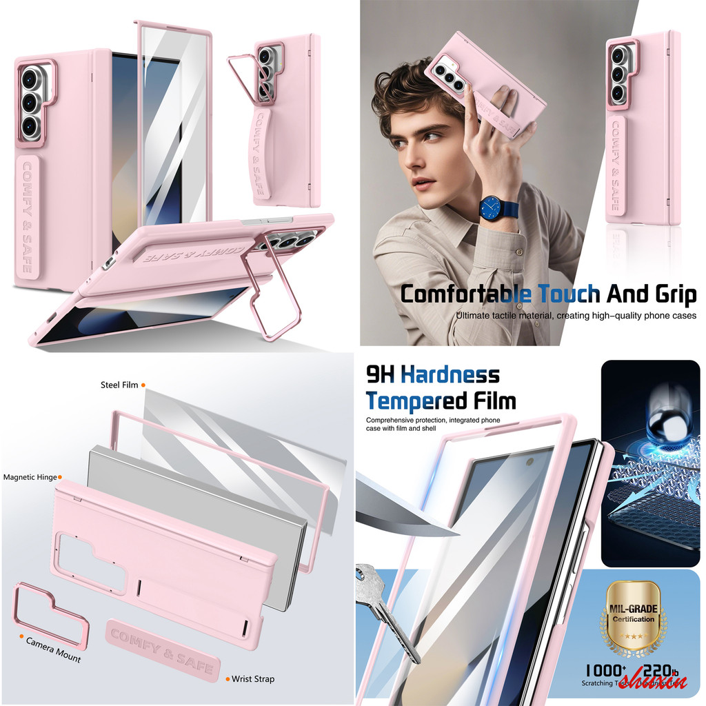 เคสพับอเนกประสงค์หรูหราพร้อมสายรัดข้อมือสําหรับ Samsung Galaxy Z Fold6 Fold7 พับ 7 6 5 4 3 กันกระแทกคลุมทั้งหมดปลอกพร้อมฟิล์มนิรภัยและขายึดกล้อง