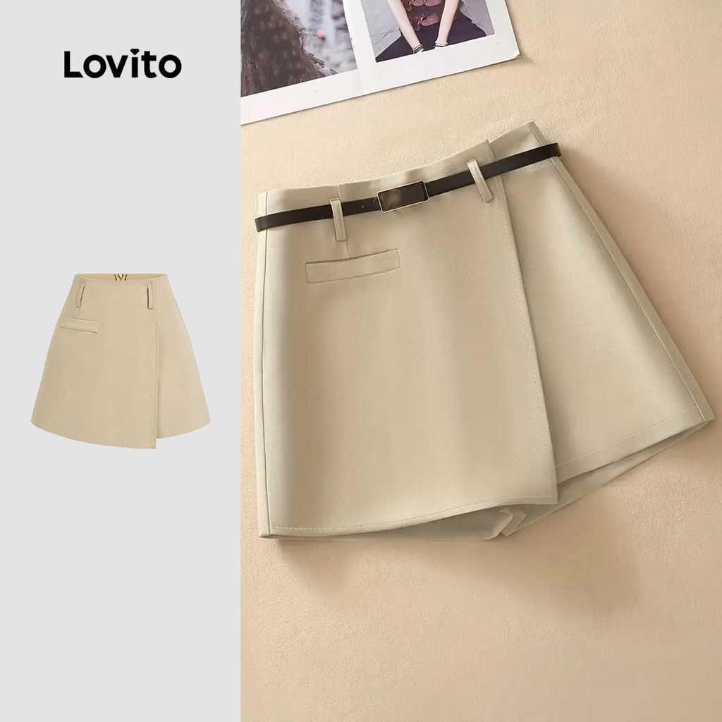 Lovito กางเกงขาสั้นชั่วคราวแบบปลอม 2in1 สำหรับฤดูใบไม้ผลิ/ฤดูร้อน ผู้หญิง สีกากี L150ED645