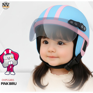 Helm Anak Chips Retro Hitam Polos Kulit Premium  Usia 1 2 3 4 Tahun Estetik Keren Kaca Riben