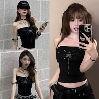 💘Bonnie💘เสื้อเกาะอก แขนกุด เสริมฟองน้ำในตัว ลายเพชรดาว สีพื้…