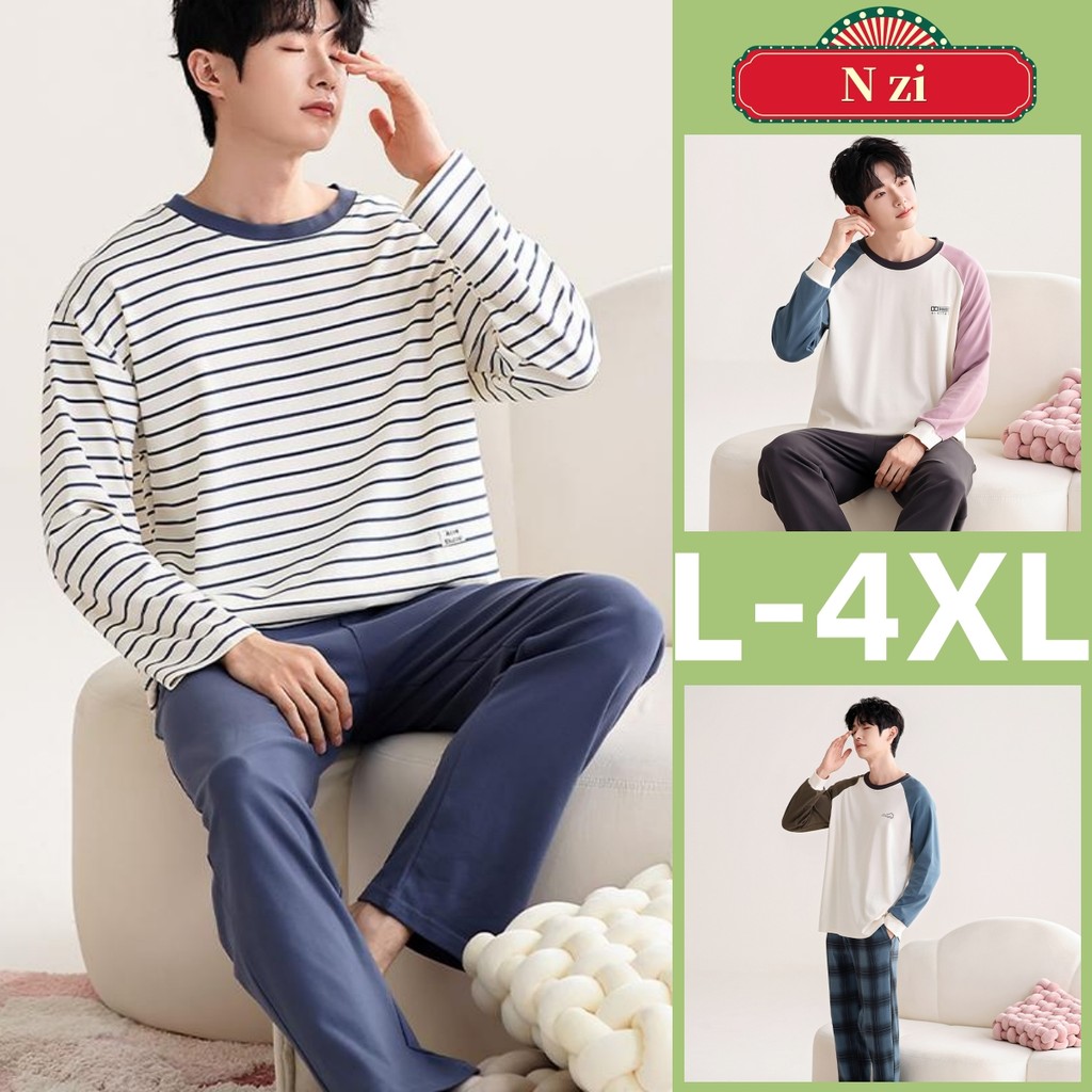 ชุดนอนผู้ชายแขนยาว ผ้าฝ้าย 100% สำหรับฤดูใบไม้ร่วงและหนาว ไซส์ L-4XL ทรงหลวม สวมใส่ง่าย
