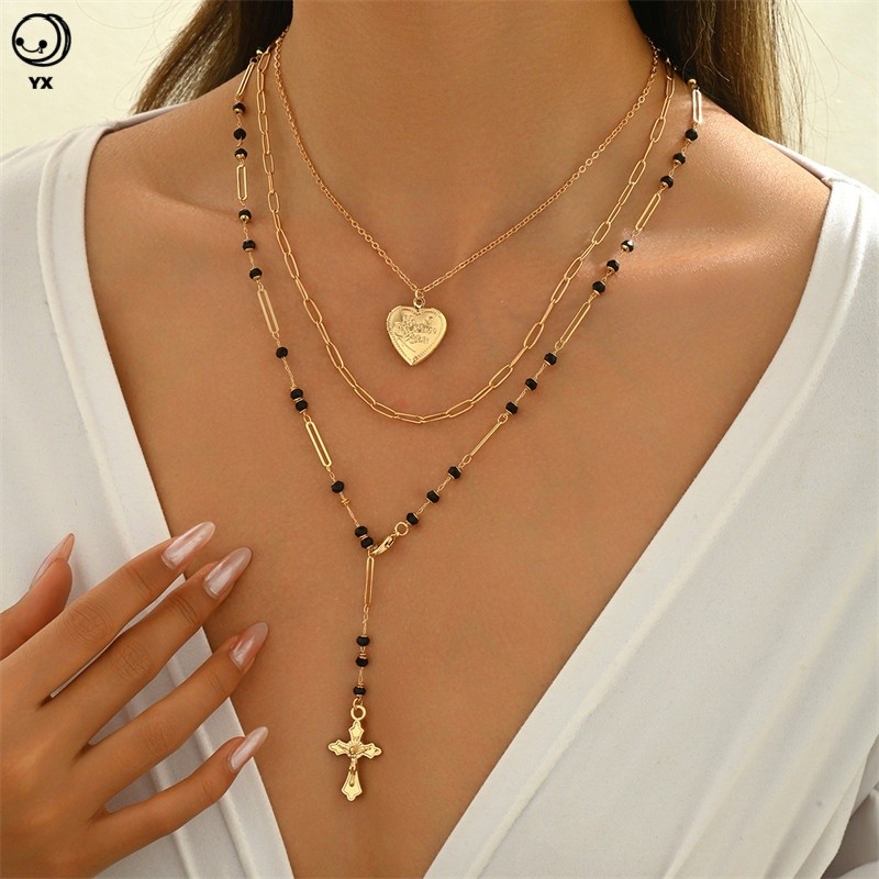 สร้อยคอมากกว่า 3 ชั้นและจี้ กรอบรูป สไตล์ Y2K Gothic สำหรับผู้หญิง