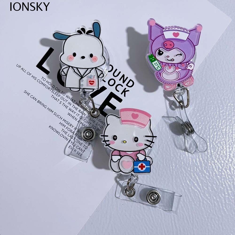IONSKY ID Card Clip, Easy Pull Buckle Cinnamoroll Retractable Badge Reel, อุปกรณ์สํานักงาน Pochacco 