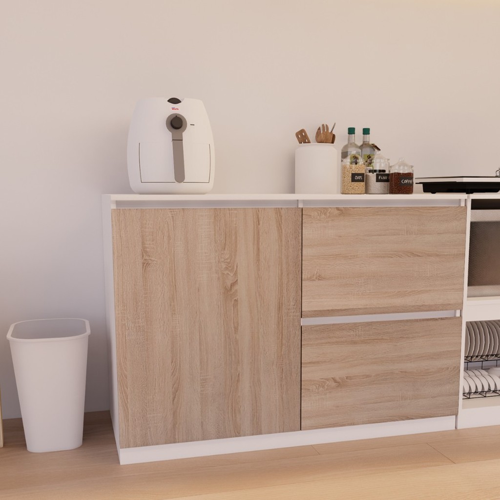 Looms ตู้ครัวเตี้ย รุ่น PEPPER 120-A สีขาวตัดสีโซลิดโอ๊ค (120x60x85 ซม.)  แบรนด์ LOOMS