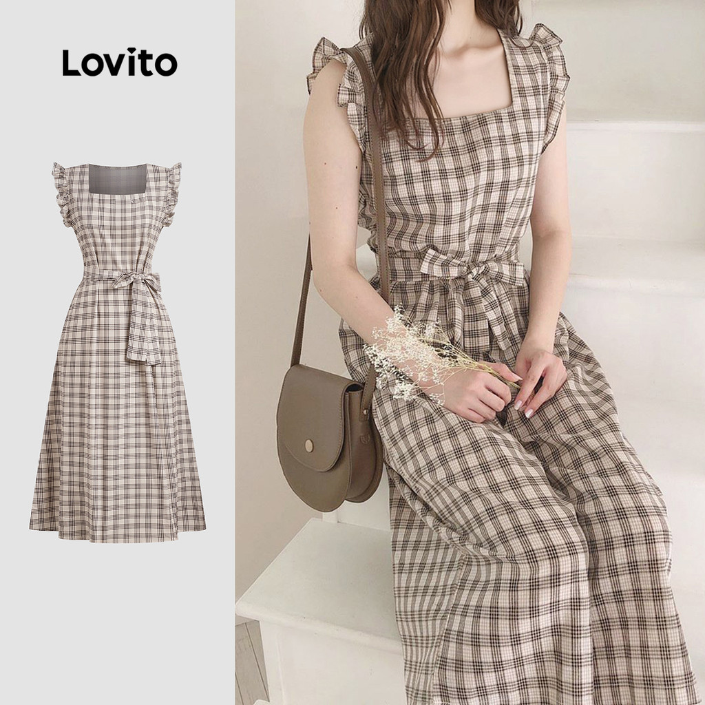 Lovito ชุดเดรสตรวจสอบคอสี่เหลี่ยม DRB154PBD345