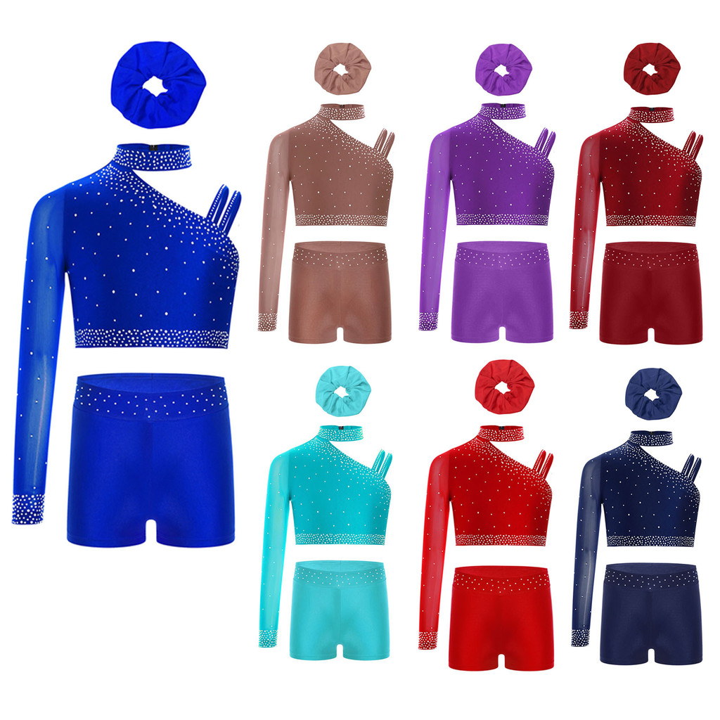 Yeahdor 3 ชิ้น/เซ็ตเด็กผู้หญิงชุดเต้นรําที่ไม่ซ้ํากันไหล่ไม่สม่ําเสมอ Sparkly Rhinestones Crop Top พร้อมกางเกงขาสั้นและ Hairband สําหรับสเก็ตเต้นรํายิมนาสติกประสิทธิภาพ