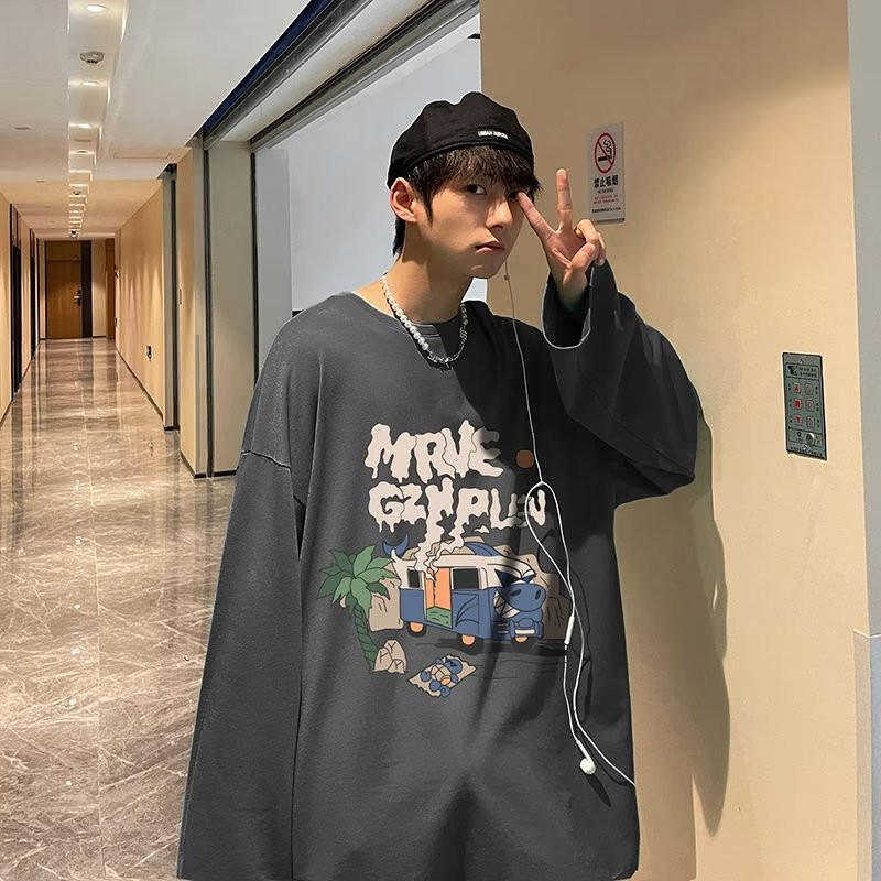 2025 NEW 2025 American Style Men's Long Sleeve T-Shirt Ins Trend Brand Retro Printed Top Men's Base 