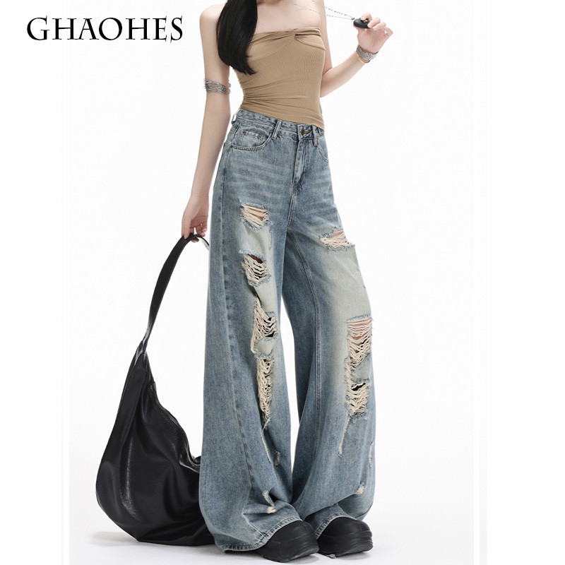 GHAOHES เฉพาะกลุ่มกางเกงยีนส์ขาดสีฟ้าอ่อนสไตร์อเมริกันเอวส รูปที่ 3