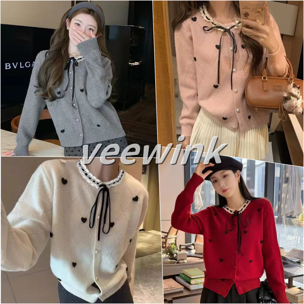 Veewink เสื้อสเวตเตอร์คริสต์มาส เสื้อการ์ดิแกนสไตล์เกาหลี ลายลูกไม้ ลายโบว์ รูปหัวใจ เนื้อผ้านุ่ม ทรงสั้นพอดีตัว