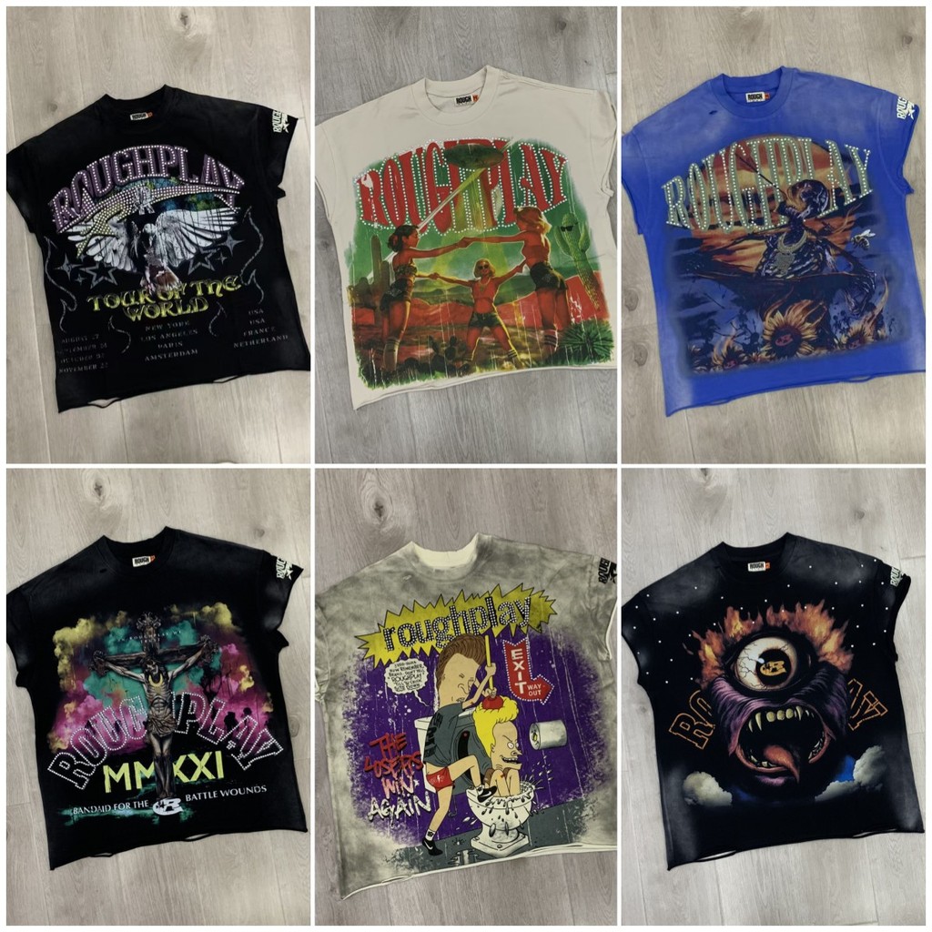 เสื้อยืดแขนกุดROUGHPLAY TOGETHER พิมพ์ลายการออกแบบเรียบง่าย