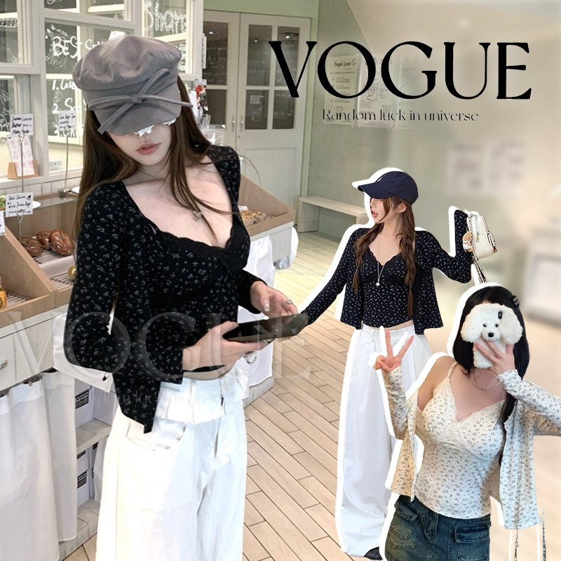 Vogue🌟พร้อมส่ง🌟 สายเดี่ยวเสริมฟองน้ำ/เสื้อคลุมแขนยาว ดีเทลลายดอกไม้เล็ก (FY5566/FY5576)