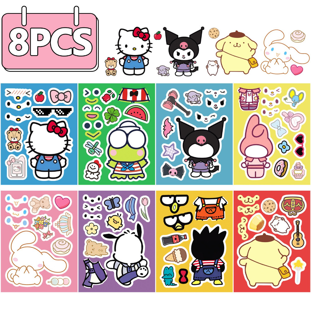 SANRIO 8 ชิ้นใหม่ ซานริโอ คอลเลกชันเด็กปริศนาใบหน้าเปลี่ยน ทําเอง เกมตกแต่งสติกเกอร์กันน้ํา
