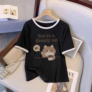 เสื้อยืดสั้นน่ารักใหม่คอกลมเสื้อยืดหลวมเสื้อยืดแฟชั่นผู้หญิงเสื้อผ้าแฟชั่นเสื้อยืดหลวมเสื้อสาวอวบเสื้อยืดสาวอวบอ้วนผ้าใส