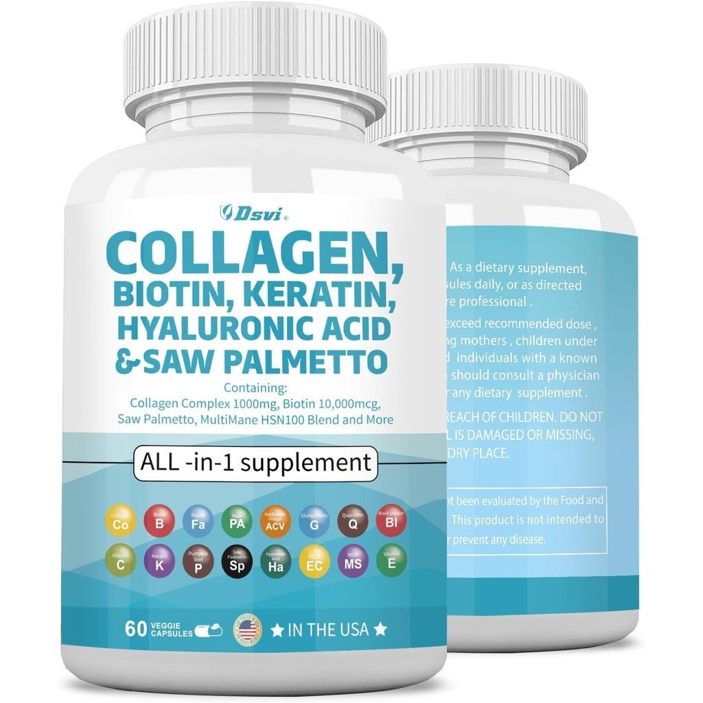 เม็ดคอลลาเจน 1000mg Biotin 10000mcg Keratin Saw Palmetto 2500mg Hyaluronic Acid - ผิวผมและเล็บวิตามิ