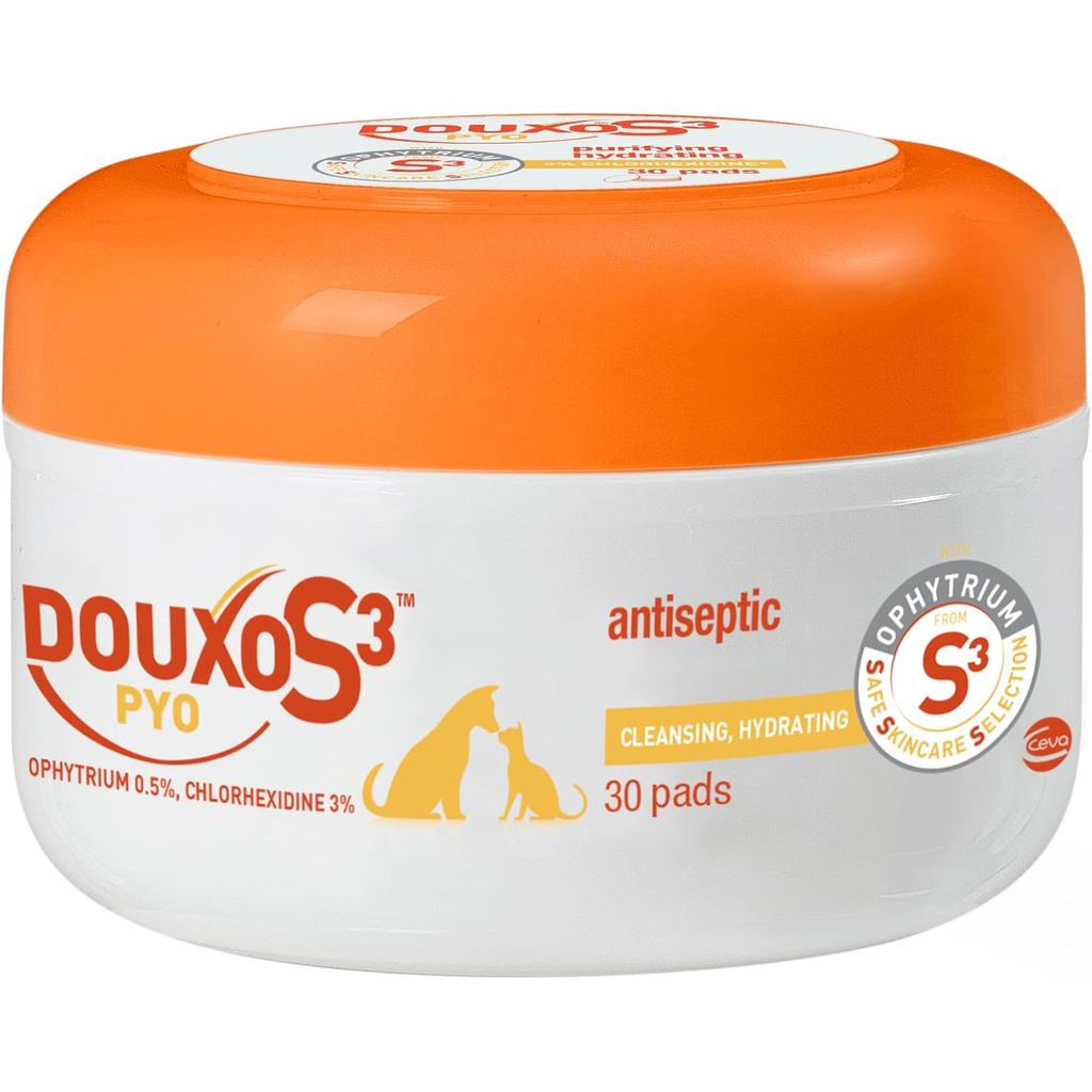 แผ่น Douxo S3 Pyo บรรจุ 3% Chlorhexidine & 0.5% Ophytrium, Antiptic & Hydrating, สําหรับการติดเชื้อแ