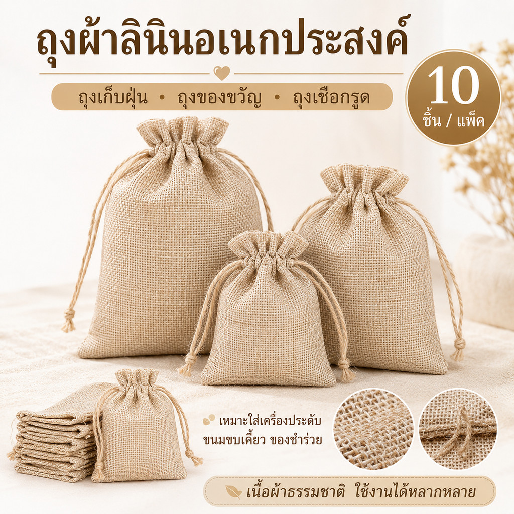ถุงผ้าลินินอเนกประสงค์ จำนวน 10 ชิ้น เป็นถุงเก็บฝุ่น ถุงของขวัญ และถุงเชือกรูด เหมาะใส่เครื่องประดับ ขนมขบเคี้ยว