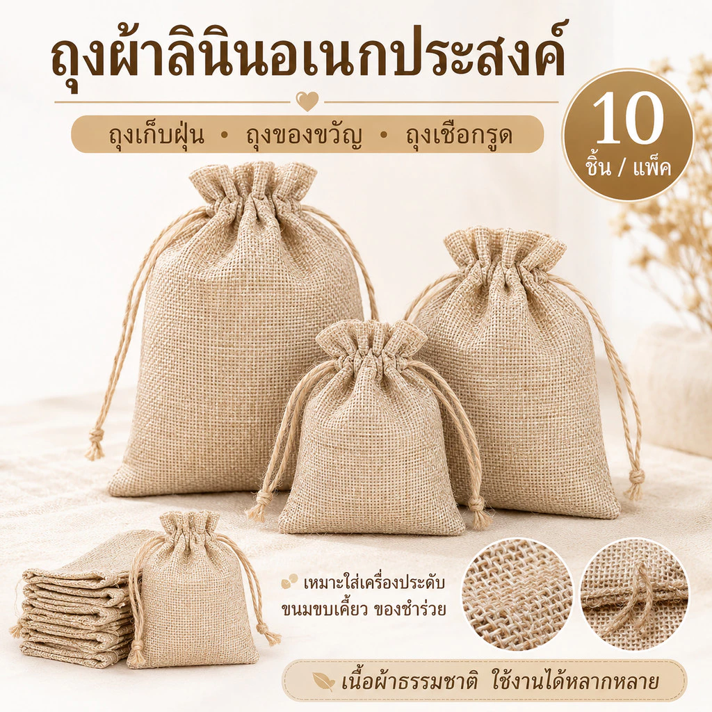 ถุงผ้าลินินอเนกประสงค์ จำนวน 10 ชิ้น เป็นถุงเก็บฝุ่น ถุงของขวัญ และถุงเชือกรูด เหมาะใส่เครื่องประดับ ขนมขบเคี้ยว