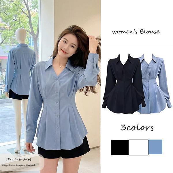 mimi&didi-เสื้อเชิ้ตแขนยาวสีขาวดีไซน์หรูสำหรับผู้หญิงไซส์ใหญ่ ช่วยให้ดูผอมเพรียวและเสริมรูปร่างให้ดูดี#99321