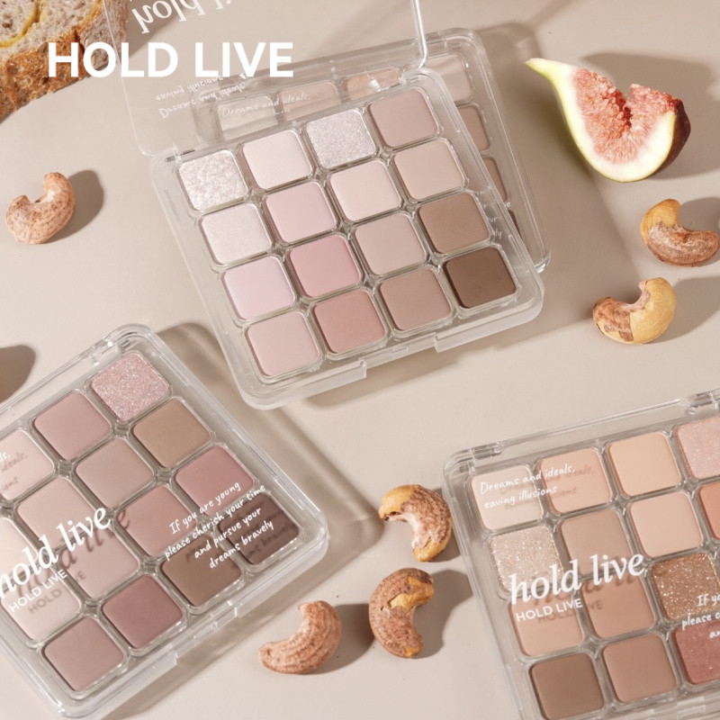 HOLD LIVE พาเลตอายแชโดว์แบบตาราง 16 สี โทนชมพูและน้ำตาล ผิวแมตต์ แบบเงา และแบบกลิตเตอร์