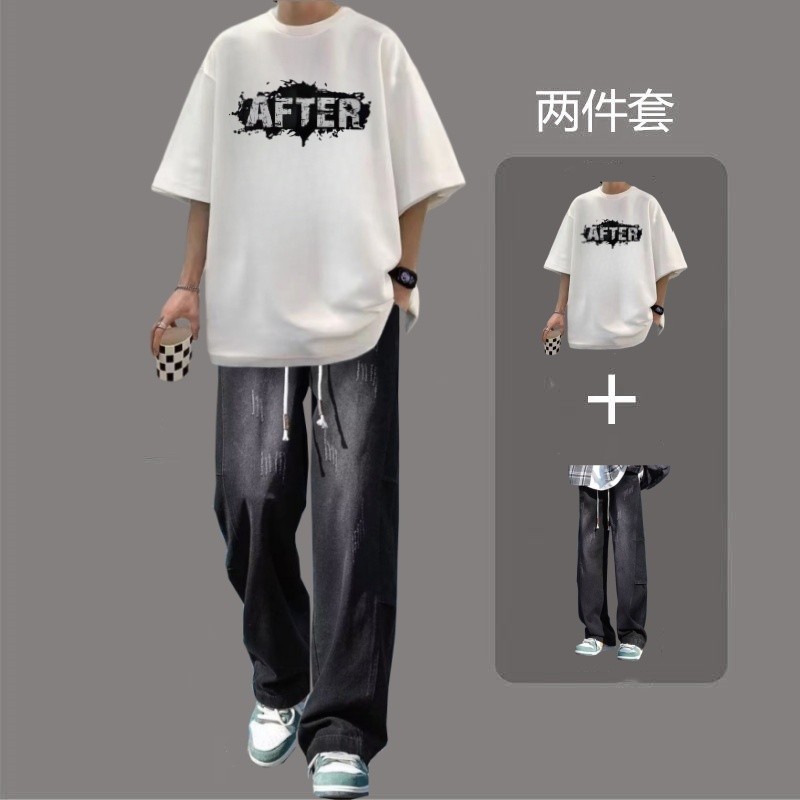 เสื้อยืดแขนสั้นฤดูร้อนครึ่ง T444 Pure Cotton+K30 ชุดยีนส์ S-3XL [สูท]