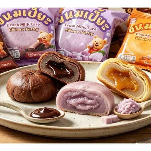 ขนมเปี๊ยะหมีแบร์ 3รส ช็อกโกแลตลาวา / เผือกนมสด / ถั่วแดงไข่เค็ม 12ชิ้น ขนมอบไส้ไหล กล่องของขวัญ