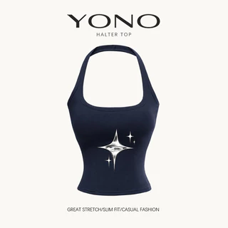 (พร้อมส่ง24ชม.) halter top เสื้อคล้องคอสีดำ ลายดาวประกายสีเงิน ทรงเข้ารูป ฟีล y2k ดาร์กหวานเท่