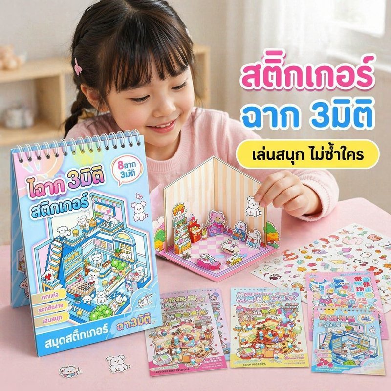 หนังสือสติ๊กเกอร์ 3D DIY ฉากการ์ตูน ของเล่นเด็ก สติ๊กเกอร์แต่งฉาก ของเล่นฝึกสมาธิ เสริมจินตนาการ