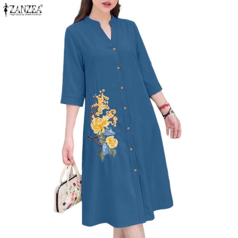 ZANZEA ผู้หญิงเกาหลีวินเทจลําลองขาตั้ง V คอ 3/4 แขนเดี่ยวปักพิมพ์ A-Line Shirtdress — صورة 6