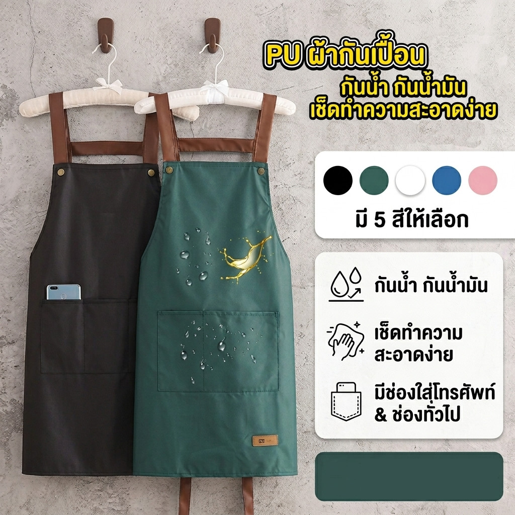 ผ้ากันเปื้อน ผ้ากันเปื้อนPU กันน้ำ กันน้ำมัน ทำความสะอาดง่าย มีกระเป๋าใส่โทรศัพท์ สำหรับทำอาหาร มี 5 สี