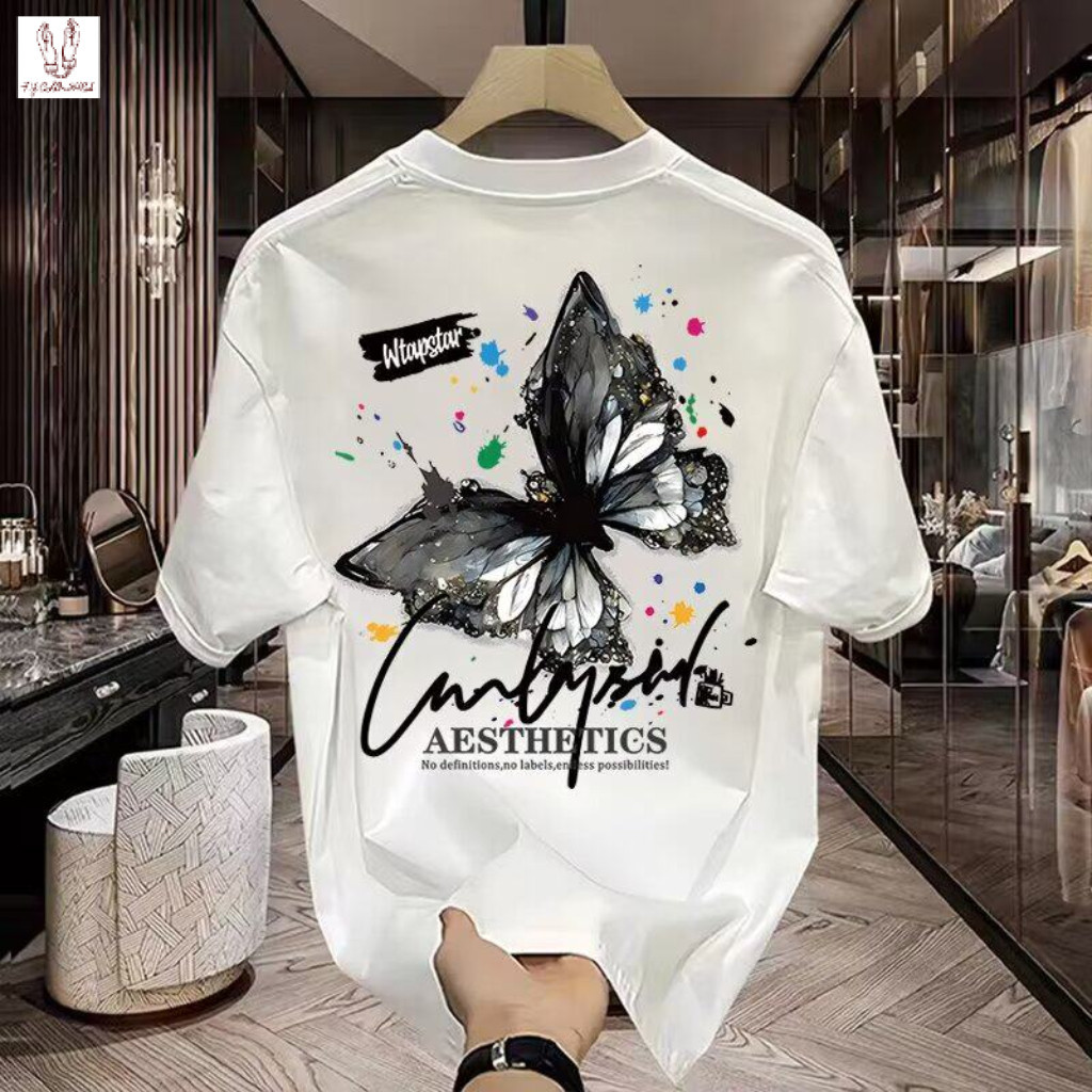 จัดส่งด่วน| เสื้อผ้าผู้ชายแขนสั้น | ลายผีเสื้อและตัวอักษรอังกฤษ | เท่สุด ๆ| คอกลม |แฟชั่น | มิกซ์แอนด์แมทช์ง่ายในฤดูร้อน
