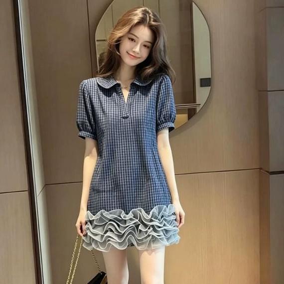 [จํากัดเวลา Seckill] Summer Classy Wear French High-End Beautiful Casual Style Lapel Blue Plaid Dress Women