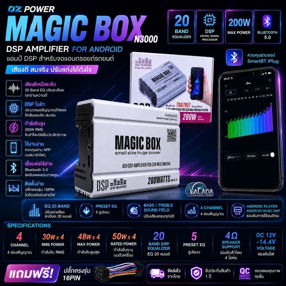 แอมป์ แอนดรอยติดรถยนต์ amp Android DZ POWER N3000 DSP Amplifier 200W แอมป์รถยนต์ 4CH EQ 20 Band รองร