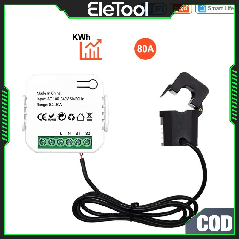 Tuyaเครื่องวัดพลังงานดิจิตอลSmart Life WIFI 50/60Hz Energy Meter Digital Meterพ 80Aร้อมเซ็นเซอร์หม้อแปลงปัจจุบันวัดค่าไฟ