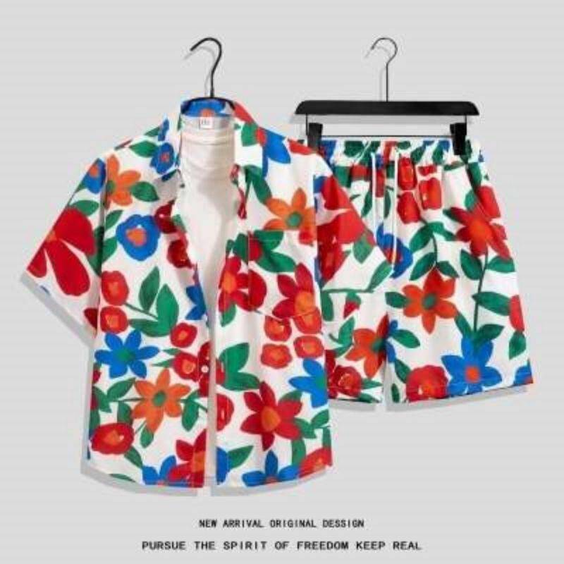 Summer Hawaiian Shirt Men's Two-Piece Travel Matching Couple Beachwear Breathable Suit BC9T